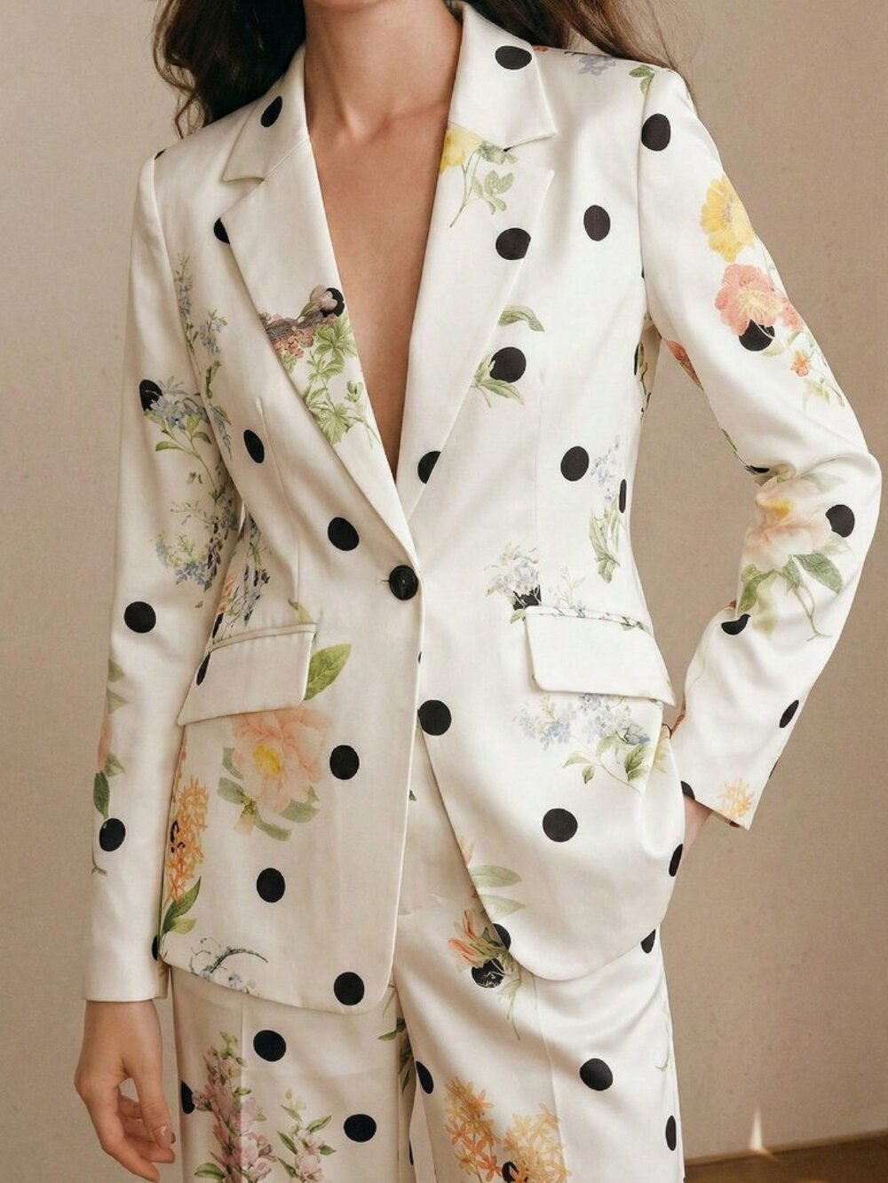 White Elegant Women's Polka Dot & Floral Cinched Waist Blazer - Picture 6 of 7